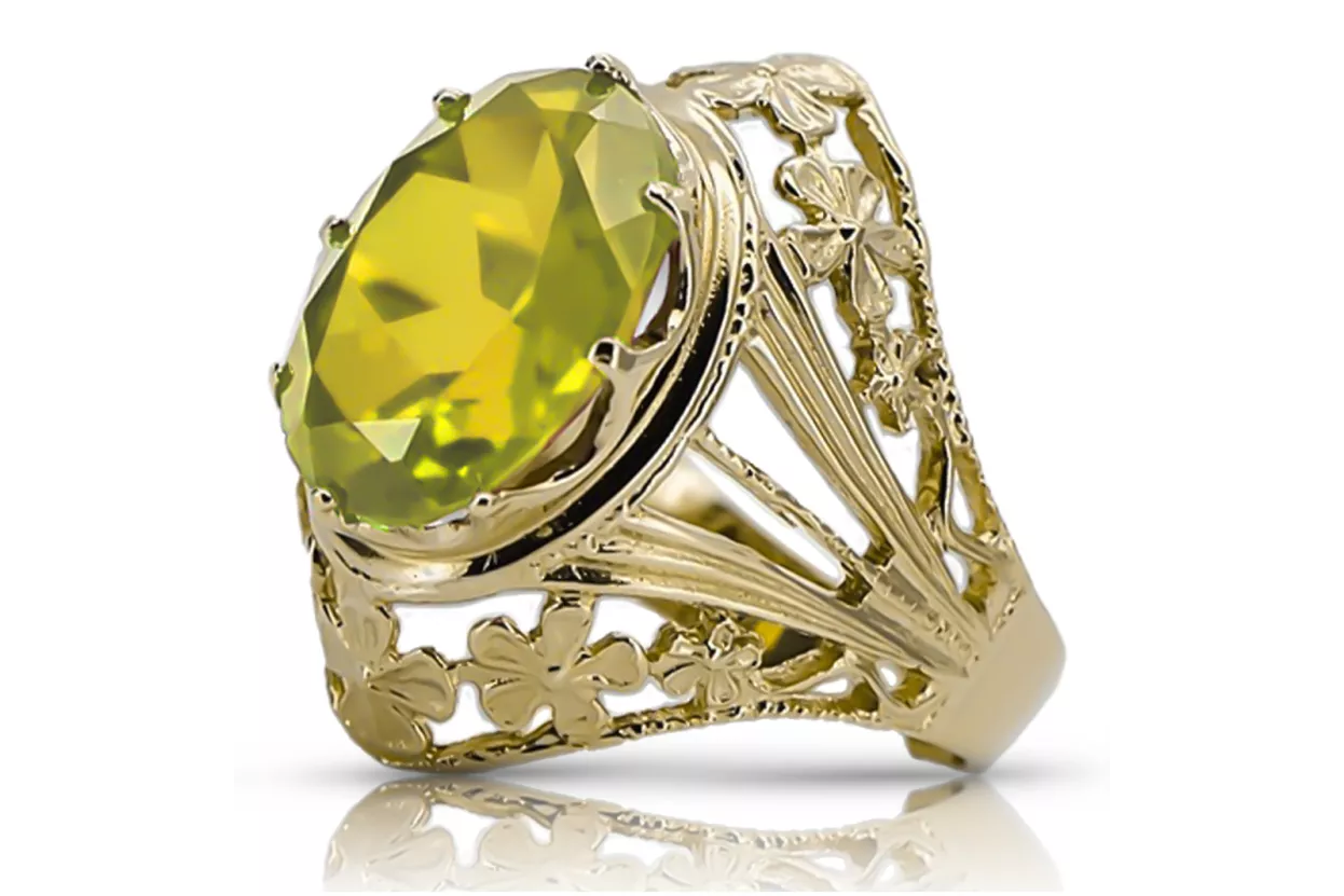8K geltonas auksas Yellow Peridot Žiedas Vintažinis stilius vrc031x-yp Art Deco Rusiški vintažo papuošalai, SSRS stilius